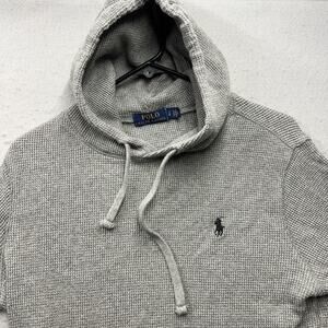 Polo Ralph Lauren Sweater Mens S Gray Pony Waffle Knit Thermal Pullover Hoodie